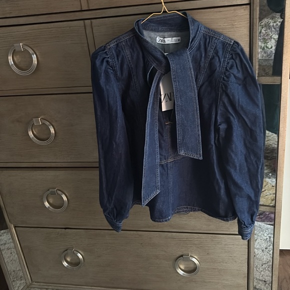 Zara Navy Denim Tie-Neck Blouse, size S, new - Picture 3 of 8
